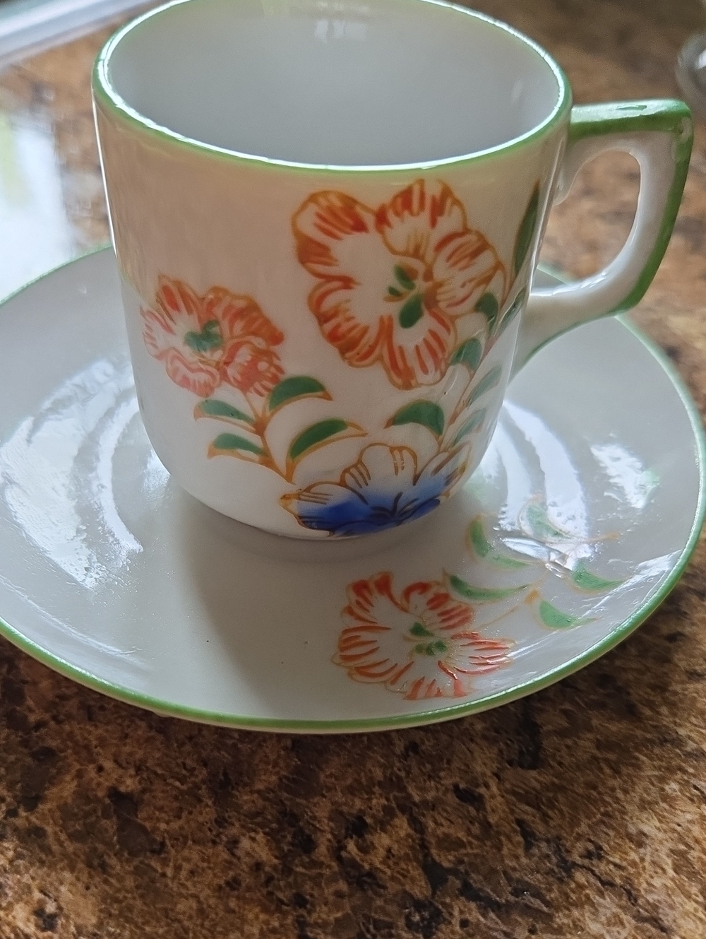 Floral Porcelain Espresso Cup & Saucer — Green Trim Annee 1940 ,60